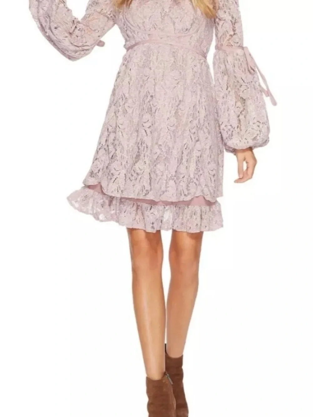 Free People Dusty Rose Lace Long-Sleeve A-Line Dress